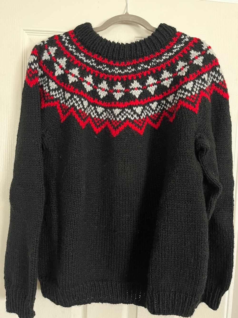 Hand Knit 100% Wool -Black Fair Isle Yoke Pullover Sweater - Red & White Pattern